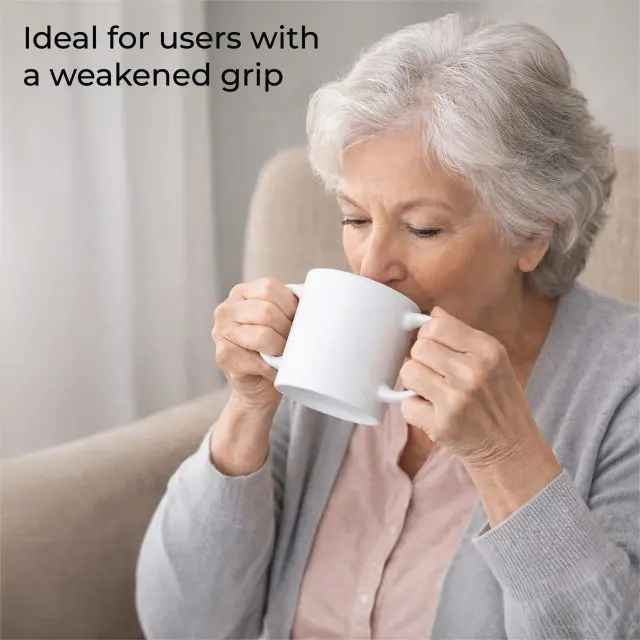 Older woman with grey hair sits in an armchair, holding and drinking from a white mug with both hands. Text reads, "Ideal for users with a weakened grip.