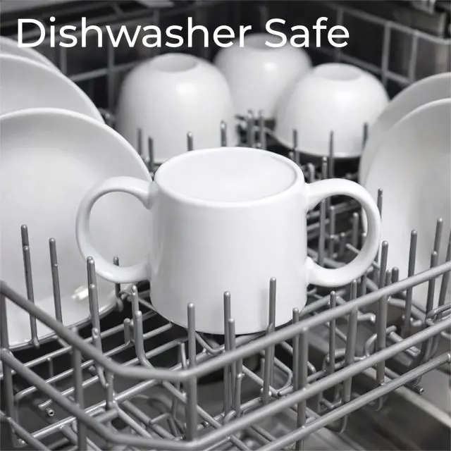 A white double-handled cup sits upright in a dishwasher rack among plates and bowls. The text “Dishwasher Safe” appears at the top.