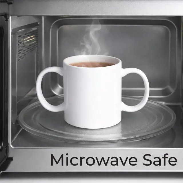 A white mug with two handles sits on a glass turntable inside a microwave, with steam rising. The words "Microwave Safe" are written at the bottom.
