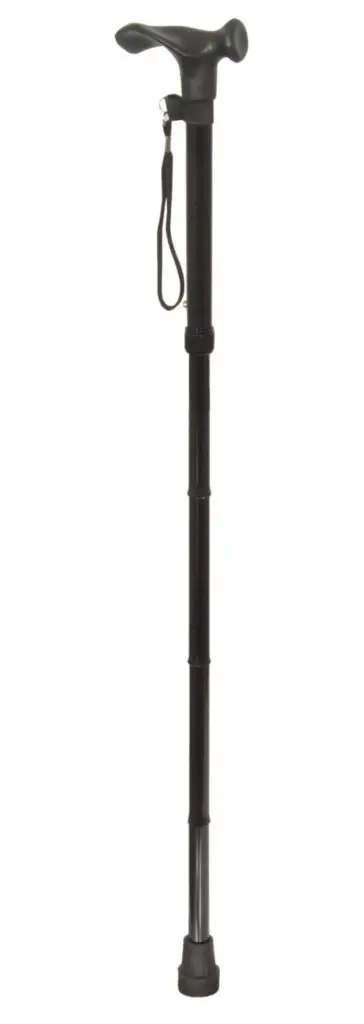 The Collapsible Ergonomic Walking Stick - Left Hand, in black, features an ergonomic handle, wrist strap, and rubber tip. It stands upright against a white background.