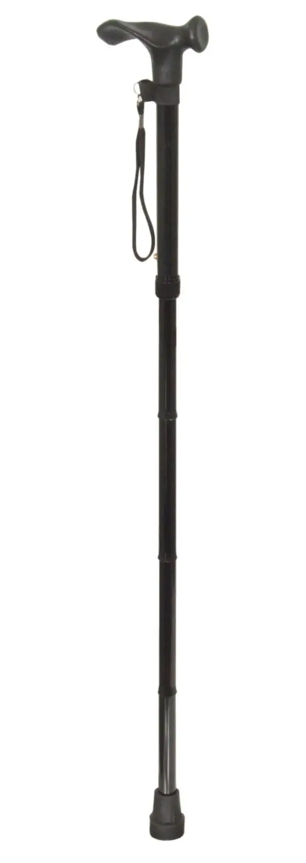The Collapsible Ergonomic Walking Stick - Left Hand, in black, features an ergonomic handle, wrist strap, and rubber tip. It stands upright against a white background.