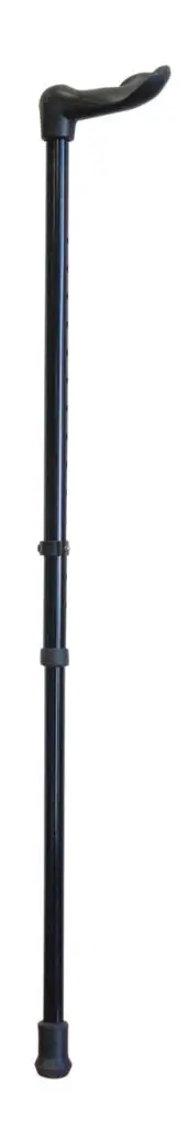 The Palm Grip Ergonomic Handled Walking Stick for the left hand, featuring a black adjustable shaft, moulded ergonomic handle, and rubber tip, stands upright against a white background.