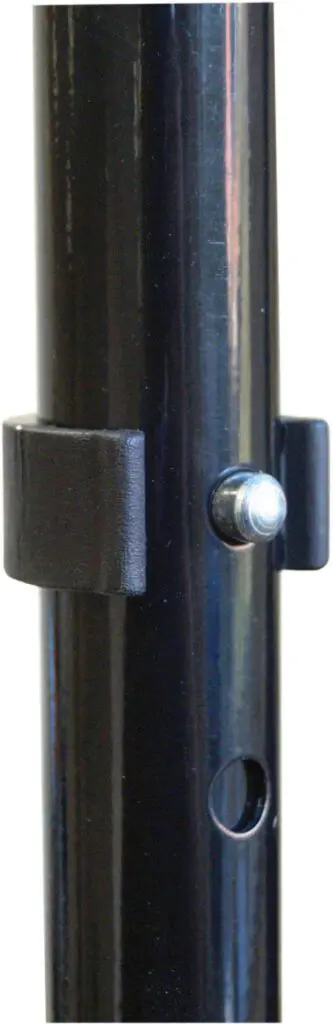 Close-up of the Palm Grip Ergonomic Handled Walking Stick - Left Hand, showing a black metal pole with a silver adjustment pin and hole for height modification or section connection.