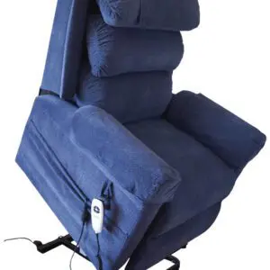Ecclesfield Wall Hugging Single Rise & Recliner in blue chenille material features a power lift, remote control, and metal base, displayed partially elevated against a white background.