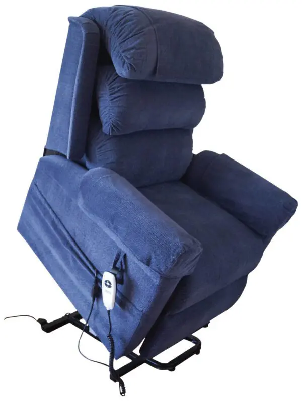 Ecclesfield Wall Hugging Single Rise & Recliner in blue chenille material features a power lift, remote control, and metal base, displayed partially elevated against a white background.