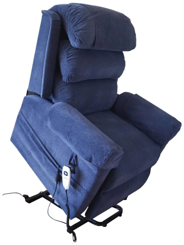 Ecclesfield Wall Hugging Single Rise & Recliner in blue chenille material features a power lift, remote control, and metal base, displayed partially elevated against a white background.