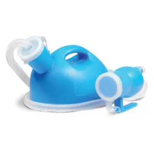 A portable male urinal with a funnel attachment, featuring a handle and detachable mouthpiece.