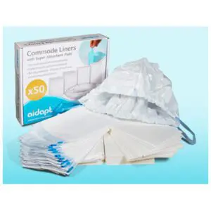 Box of Commode Liners with Absorbent Pads - Box of 50, with several liners displayed and one partially opened on a light blue background.
