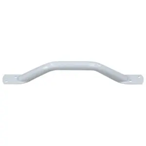 White metal handle with angled ends and four mounting holes, designed for installation on doors or drawers.