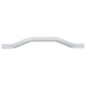 White metal handle with angled centre and two flat mounting plates on each end, each with two screw holes.