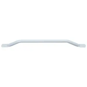 A white metal grab rail with angled ends and mounting plates, designed for wall installation.