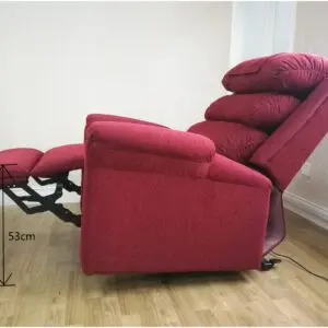 The Ecclesfield Wall Hugging Single Rise & Recliner in chenille is fully extended on wooden flooring, with an arrow showing its footrest height of 53 cm.