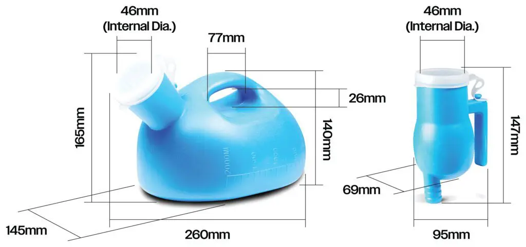 Portable Male Urinal with Funnel Attachment shown from side and front views; features labelled dimensions for height, width, length, spout diameter, and includes visible capacity markings.