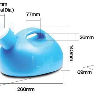 Portable Male Urinal with Funnel Attachment shown from side and front views; features labelled dimensions for height, width, length, spout diameter, and includes visible capacity markings.