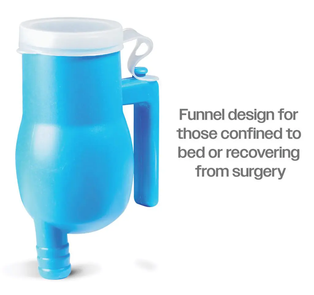 Portable Male Urinal with Funnel Attachment: Blue plastic urinal with handle and white lid, designed for bedbound or post-surgery patients. Text beside it explains its intended use.