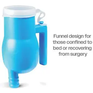 Portable Male Urinal with Funnel Attachment: Blue plastic urinal with handle and white lid, designed for bedbound or post-surgery patients. Text beside it explains its intended use.