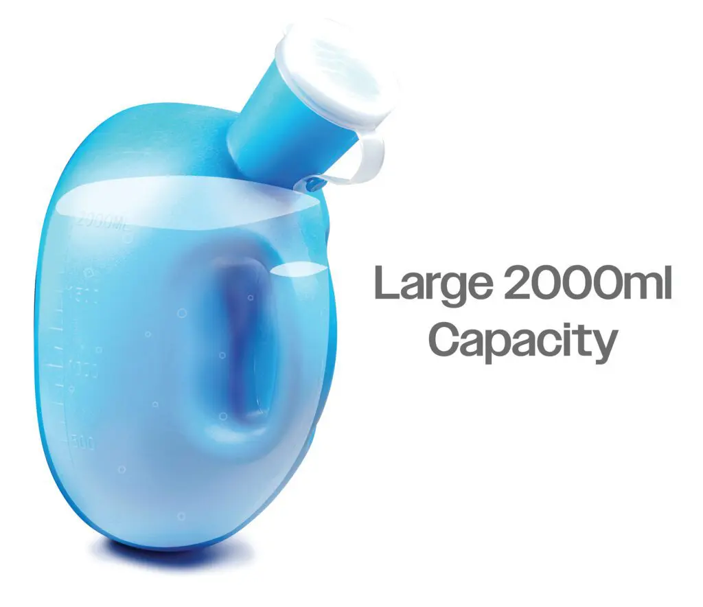 A blue Portable Male Urinal with Funnel Attachment, featuring measurement markings, a white cap, and "Large 2000ml Capacity" printed in grey text.
