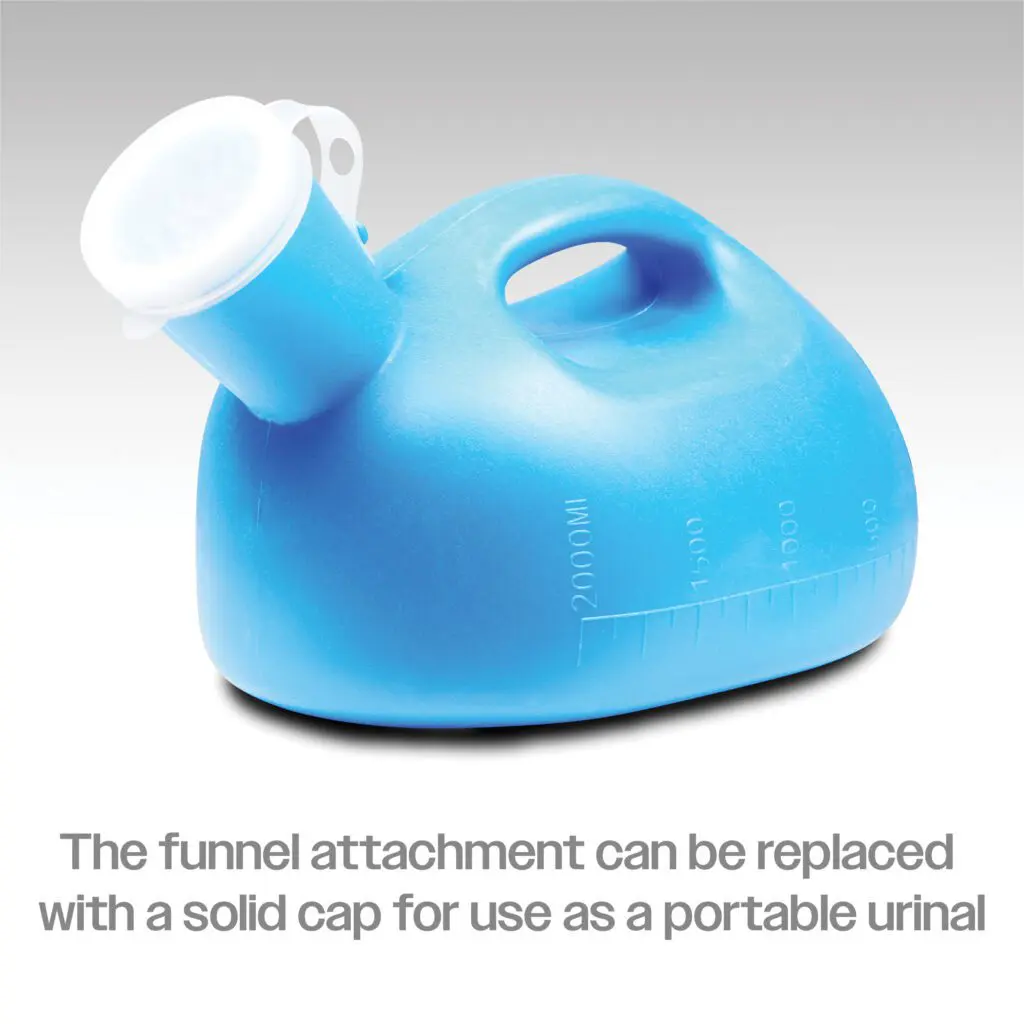 The Portable Male Urinal with Funnel Attachment, featuring measurement markings, is shown against a plain background.