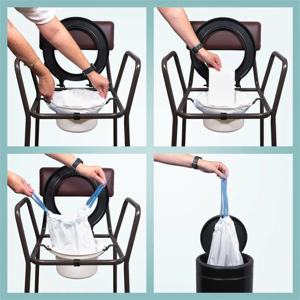 The Commode Liners with Absorbent Pads - Box of 50 makes cleaning up easy: place a liner in the commode, add an absorbent pad, tie the liner closed after use, and dispose of it in the bin.