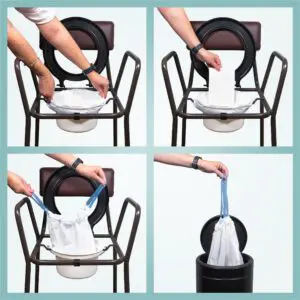 The Commode Liners with Absorbent Pads - Box of 50 makes cleaning up easy: place a liner in the commode, add an absorbent pad, tie the liner closed after use, and dispose of it in the bin.