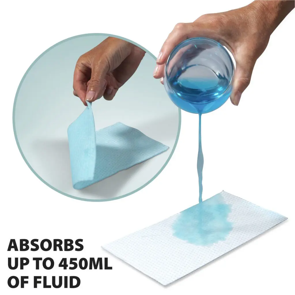 A hand pours blue liquid onto a Commode Liner with Absorbent Pad (Box of 50), as text reads "Absorbs up to 450ml of fluid." An inset shows the pad being lifted by one corner.