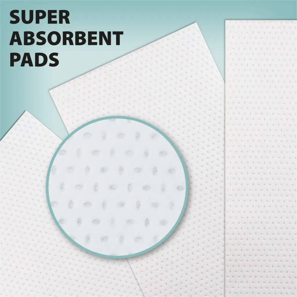 Commode Liners with Absorbent Pads - Box of 50 displayed on a blue background with a close-up inset; "Super Absorbent Pads" text is visible in the top left corner.