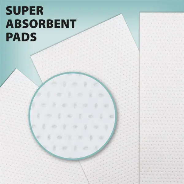 Commode Liners with Absorbent Pads - Box of 50 displayed on a blue background with a close-up inset; "Super Absorbent Pads" text is visible in the top left corner.