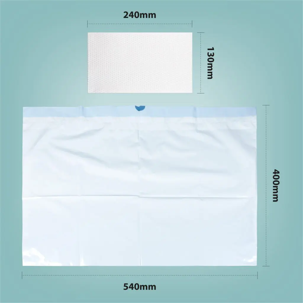 Commode Liners with Absorbent Pads - Box of 50 shown: a white pad (240mm x 130mm) and a larger blue liner sheet (540mm x 400mm) displayed on a blue background with labelled dimensions.
