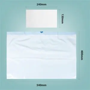 Commode Liners with Absorbent Pads - Box of 50 shown: a white pad (240mm x 130mm) and a larger blue liner sheet (540mm x 400mm) displayed on a blue background with labelled dimensions.