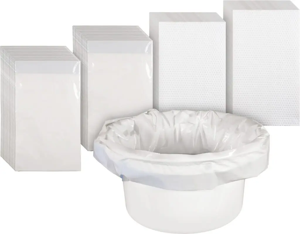 A box of 50 Commode Liners with Absorbent Pads is shown, featuring a white plastic bowl lined with a disposable bag, in front of stacks of individually wrapped absorbent pads and perforated sheets.