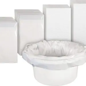 A box of 50 Commode Liners with Absorbent Pads is shown, featuring a white plastic bowl lined with a disposable bag, in front of stacks of individually wrapped absorbent pads and perforated sheets.