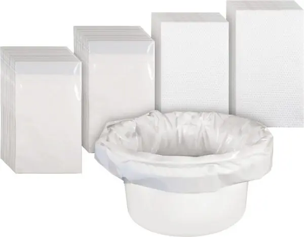 A box of 50 Commode Liners with Absorbent Pads is shown, featuring a white plastic bowl lined with a disposable bag, in front of stacks of individually wrapped absorbent pads and perforated sheets.