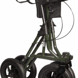 The Torro Outdoor Adventurer is a green four-wheeled mobility walker featuring handlebars, hand brakes, a seat, and a storage pouch.