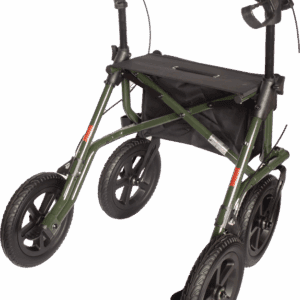 The Torro Outdoor Adventurer is a four-wheeled rollator walker featuring a green metal frame, black seat, hand brakes, and large black wheels.
