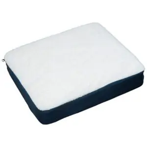 The Gel Comfort Cushion features a soft, white, fleece-like top and dark blue sides, displayed on a plain background.
