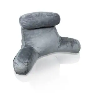 The Reading Cushion with Head Rest and Back Support is shown in grey, featuring armrests and a headrest, placed on a white background.