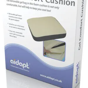 Box packaging for Gel Comfort Cushion, showcasing the product image and highlights such as a removable gel insert, chair compatibility, and a washable soft cover.