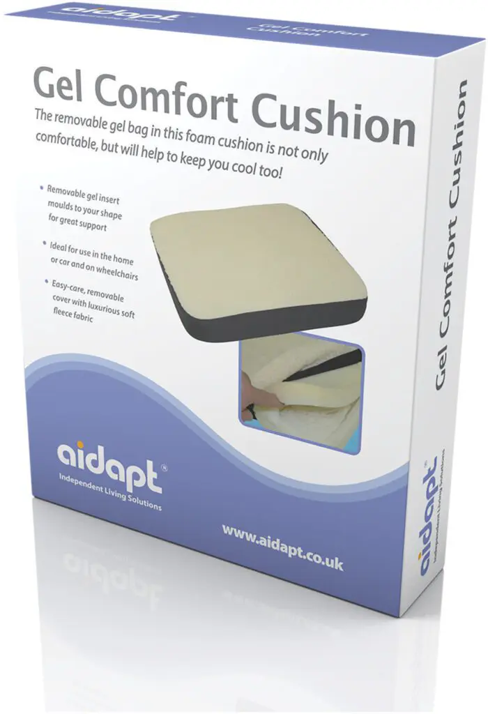Box packaging for Gel Comfort Cushion, showcasing the product image and highlights such as a removable gel insert, chair compatibility, and a washable soft cover.