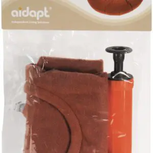 The Inflatable Pressure Relief Ring Cushion comes with a hand pump, packaged together in a clear plastic bag with a labelled header.