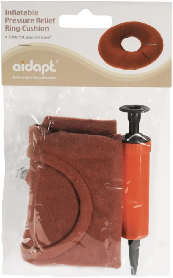 The Inflatable Pressure Relief Ring Cushion comes with a hand pump, packaged together in a clear plastic bag with a labelled header.