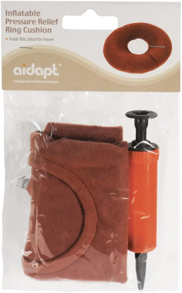 The Inflatable Pressure Relief Ring Cushion comes with a hand pump, packaged together in a clear plastic bag with a labelled header.