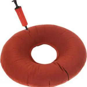 The Inflatable Pressure Relief Ring Cushion is a red, doughnut-shaped cushion with a central hole, shown with an attached hand pump for inflation.