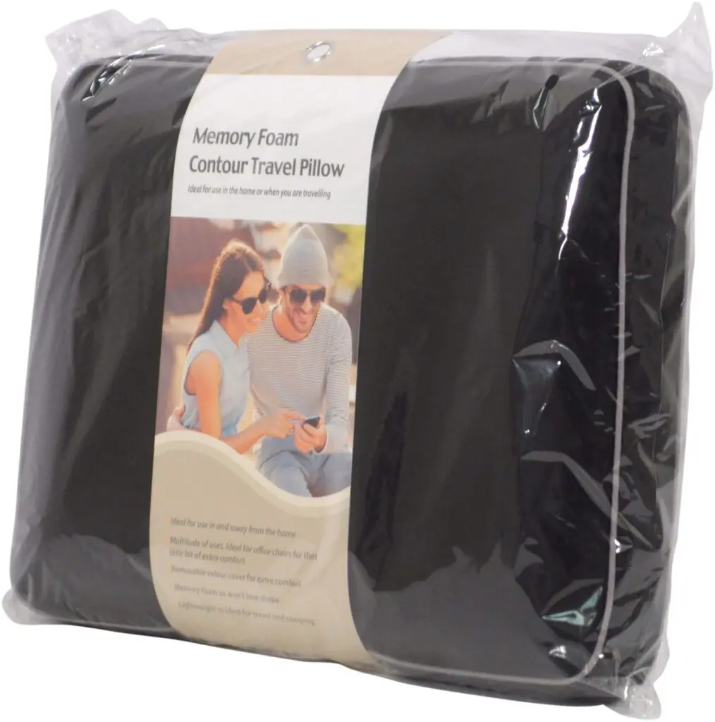 A packaged memory foam contour travel pillow with a label showing a man and woman seated outdoors and product information.