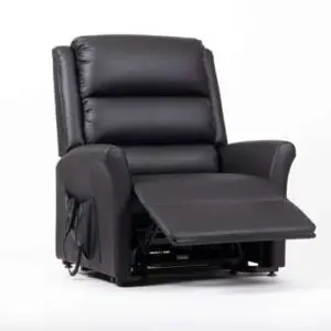 The Alaska Extra Large AM-PVC Crib 5 Dual Motor Riser Recliner (Black) features padded arms and backrest, with its footrest extended, displayed against a plain white background.