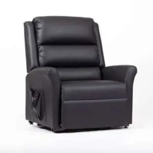 The Alaska Extra Large AM-PVC Crib 5 Dual Motor Riser Recliner in black features padded backrest and armrests, a left-side pocket, and is shown against a plain white background.