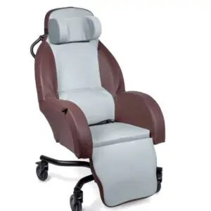 A medical recliner chair with wheels, featuring a light grey seat, backrest, and leg support, and brown armrests and sides.