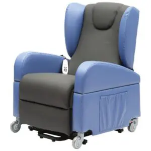 A padded medical recliner chair with blue and black upholstery, four wheels, a side pocket, and an attached remote control.