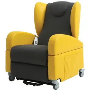 Yellow and black reclining chair with winged back, armrests, castors, side pocket, and a remote control placed on the seat.