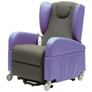 The Brookfield Dual Motor Rise & Recliner Chair features purple upholstery, black cushions, armrests with a remote control on the left side, a side storage pocket, castors for mobility, and provides large padded reclining comfort.