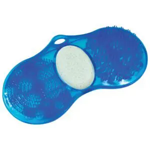 The Foot Cleaner with pumice is a blue plastic scrubber featuring bristles on both ends and a pumice stone embedded in the centre.